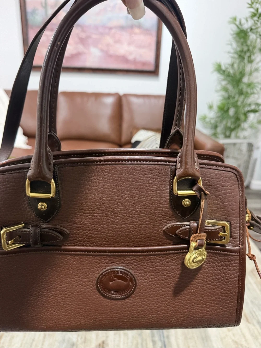 Dooney & Bourke Brown Pebble Leather Satchel with Gold Hardware